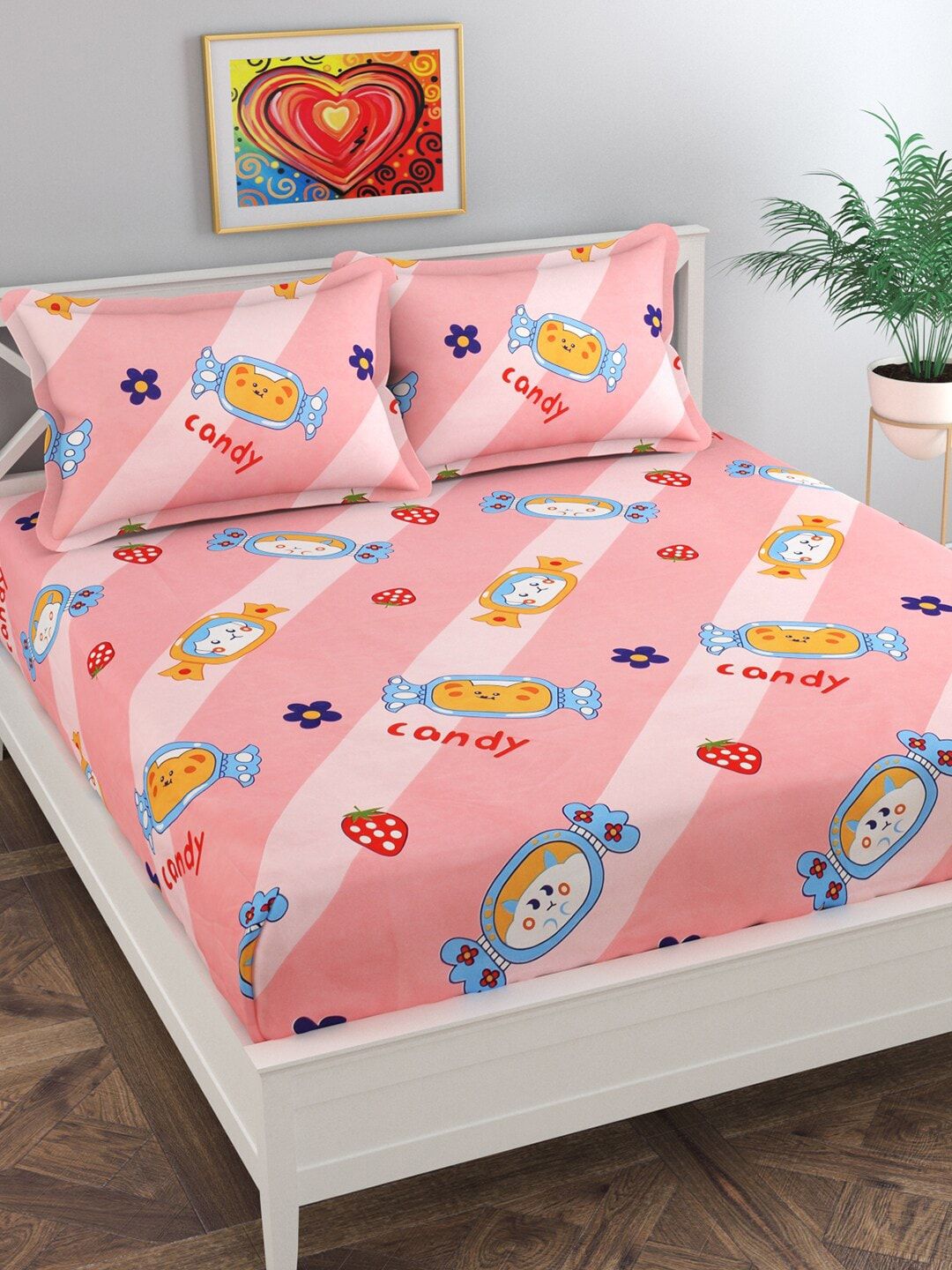 Florida Pink & Blue Cartoon Characters 144 TC King Bedsheet with 2 Pillow Covers Price in India