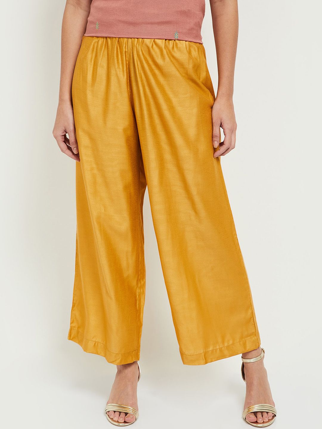 max Women Mustard Yellow Loose Fit Pleated Parallel Trousers Price in India