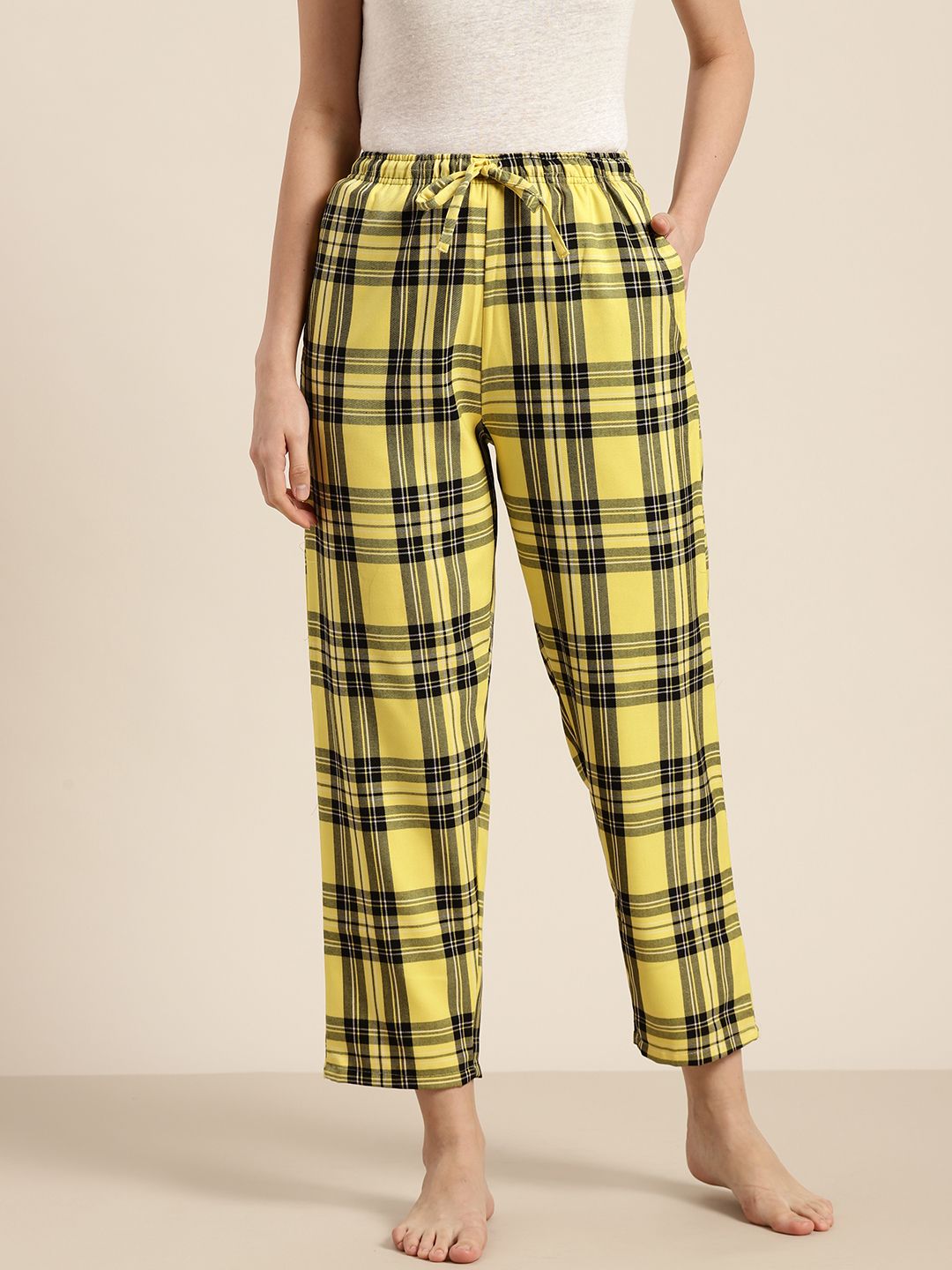 Hancock Women Yellow & Black Pure Cotton Checked Lounge Pants Price in India