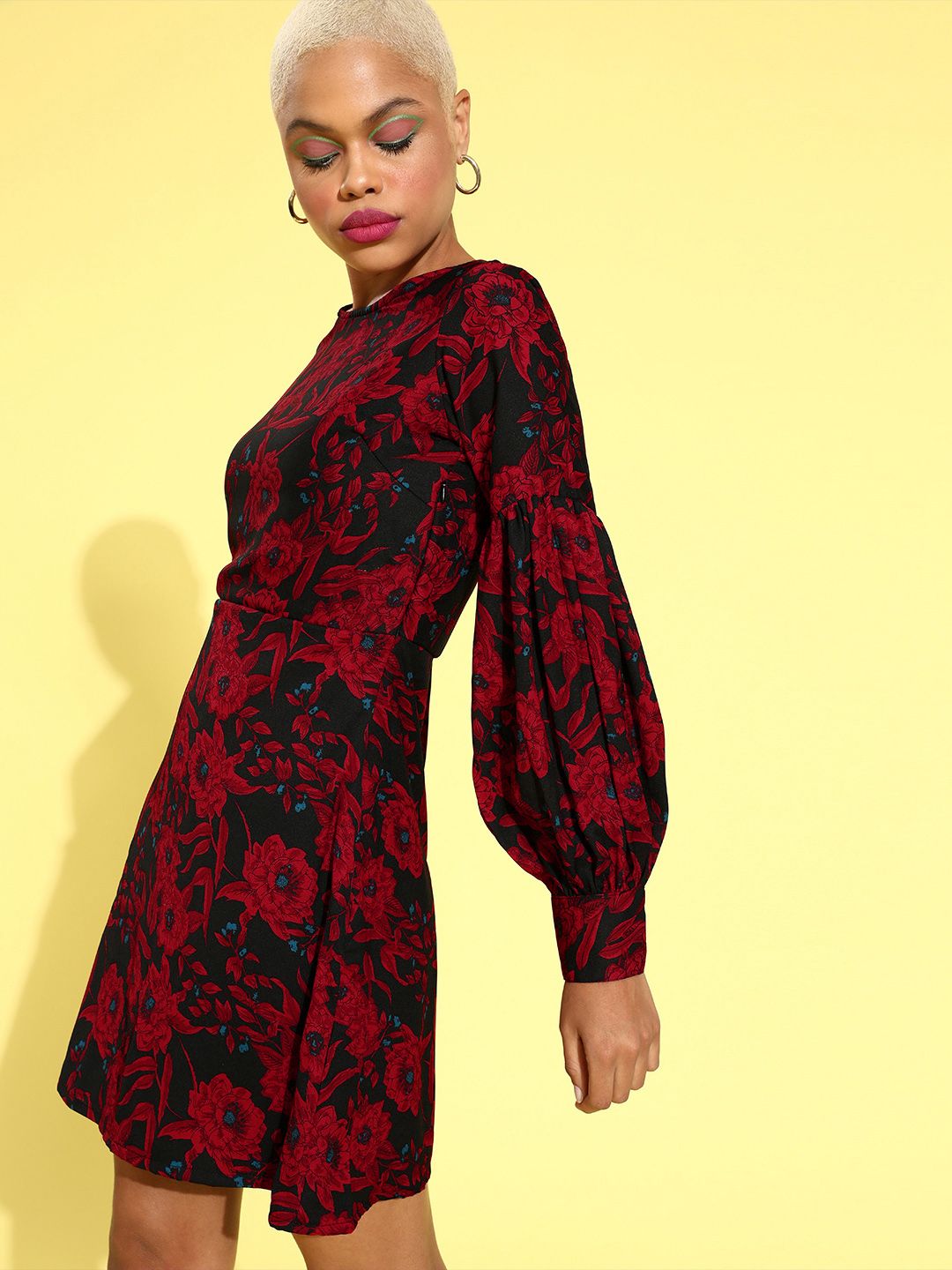 plusS Black & Maroon Floral A-Line Dress