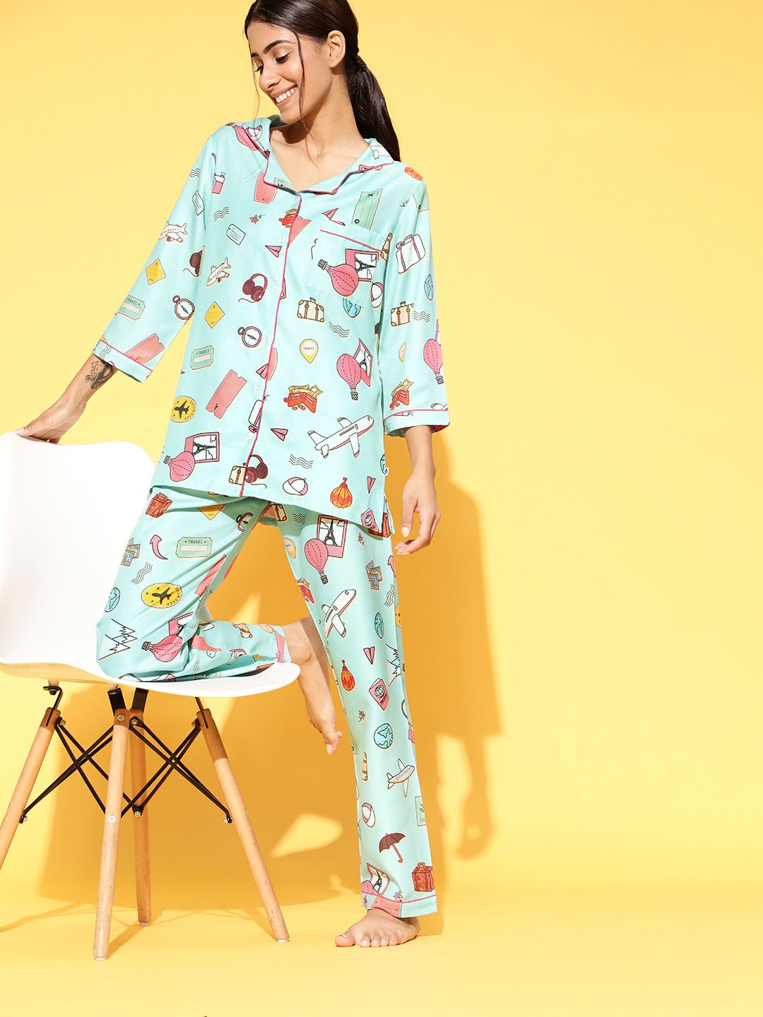 Bannos Swagger Enchanting Green Printed Shirt with Printed Pyjamas Price in India