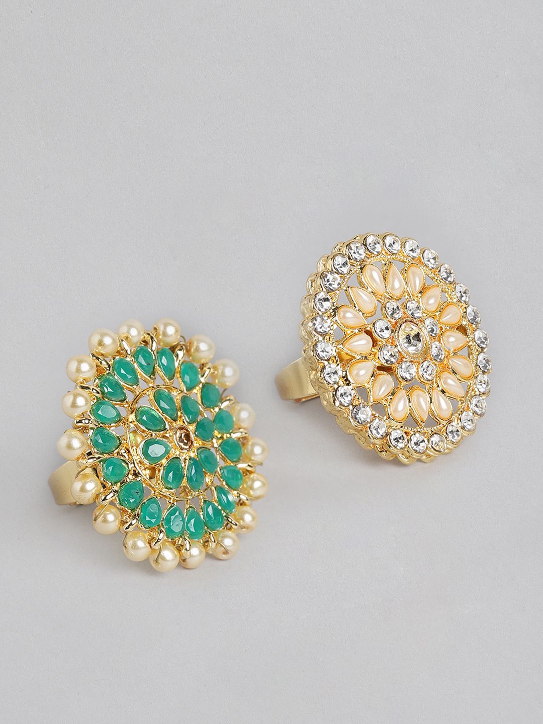 Kord Store Set of 2 Gold Plated White and Green Stone Finger Ring Price in India