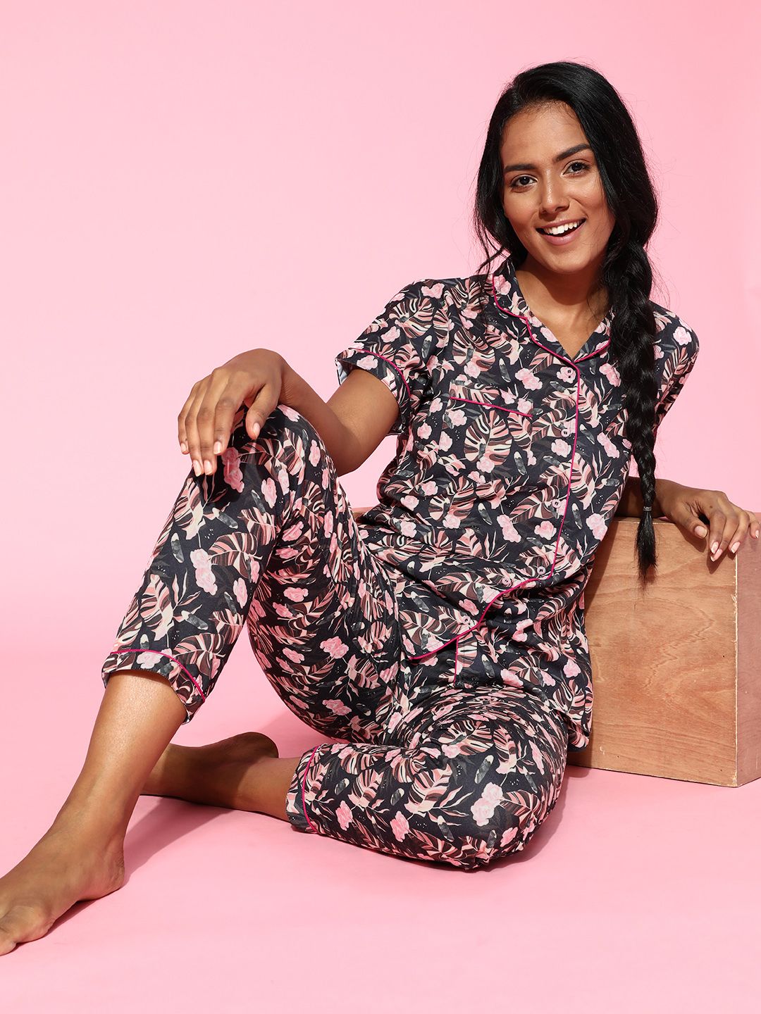 EROTISSCH Women Charcoal Grey & Pink Printed Printed Pyjamas Set Price in India