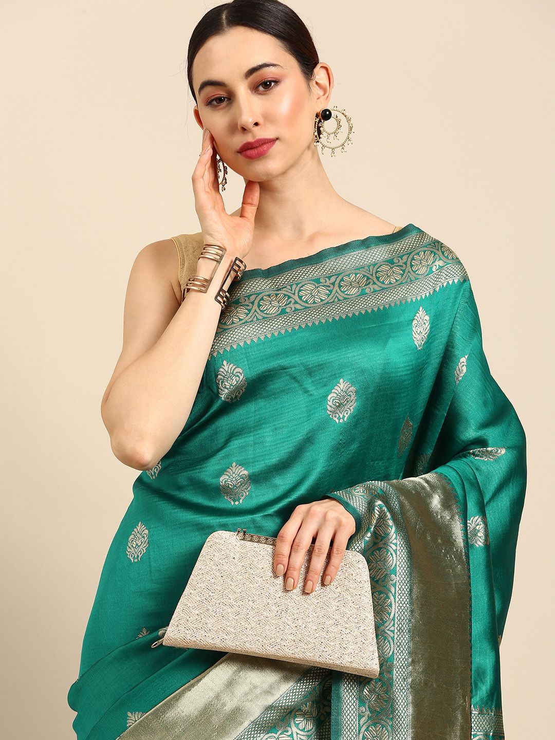 Anouk Turquoise Blue Woven Design Zari Silk Blend Ready to Wear Banarasi Saree