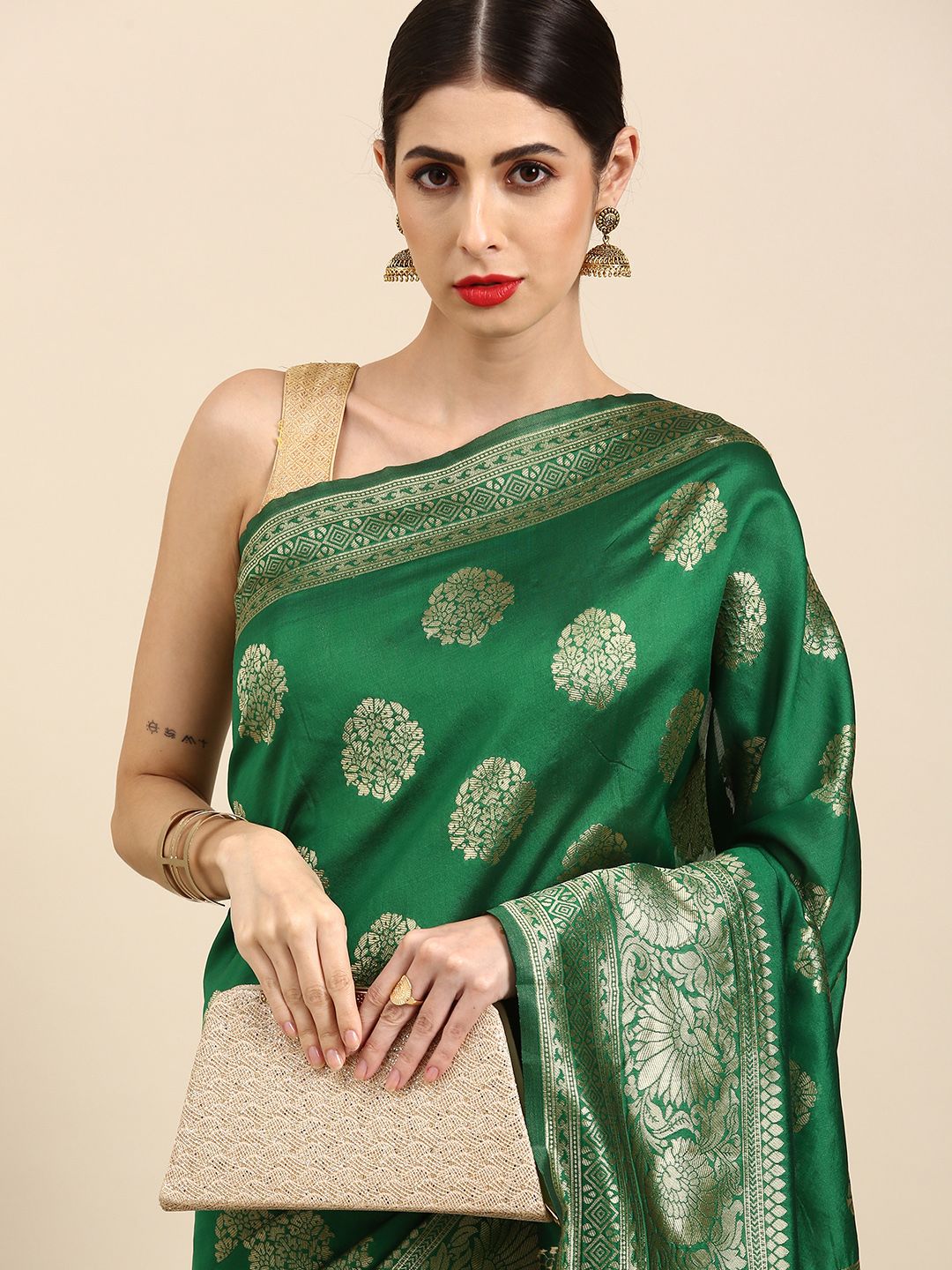 Anouk Green Woven Design Zari Silk Blend Ready to Wear Banarasi Saree