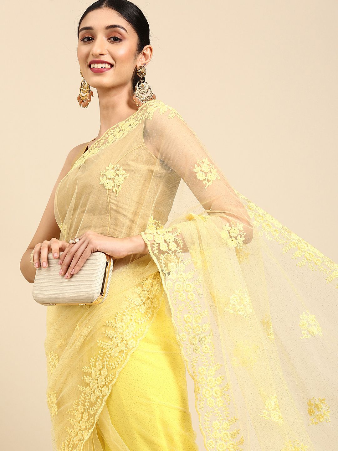 Anouk Yellow Embellished Embroidered Net Ready to Wear Saree