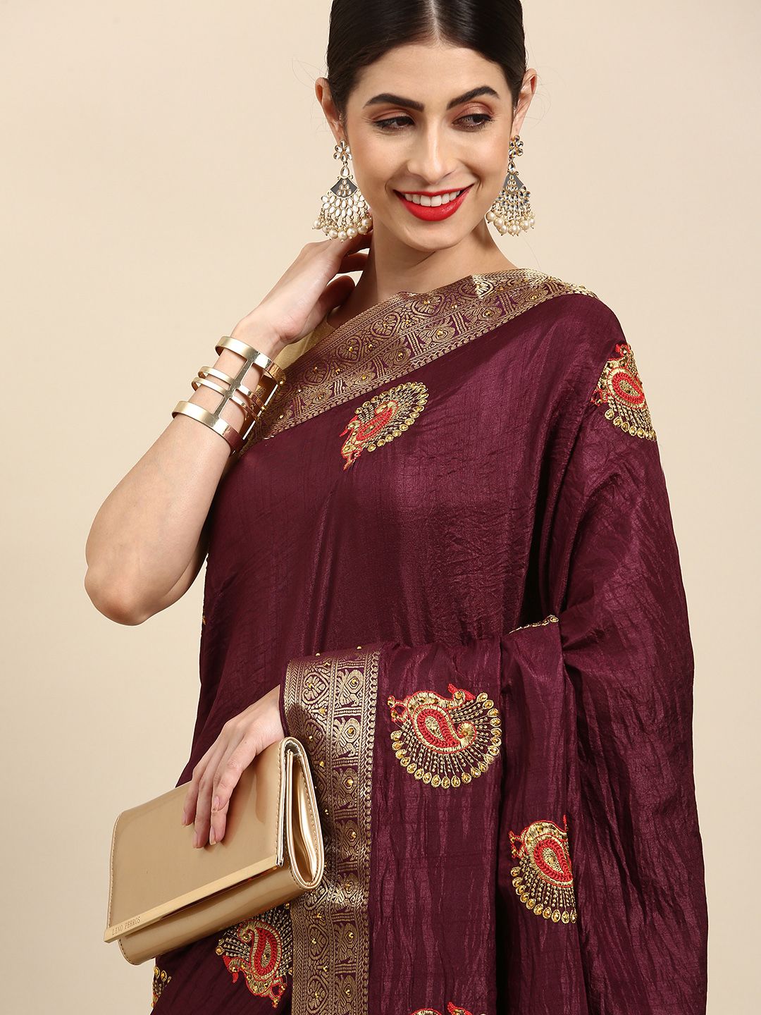 Anouk Maroon & Golden Embellished Zari Tussar Saree