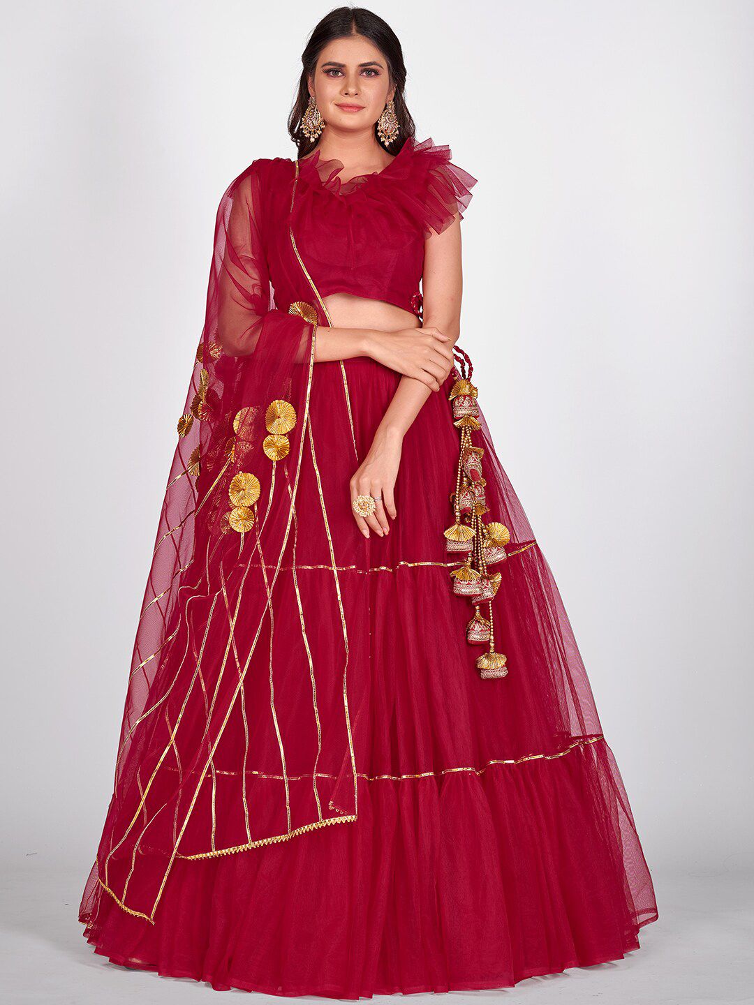 SHOPGARB Red & Gold-Toned Semi-Stitched Lehenga & Unstitched Blouse With Dupatta