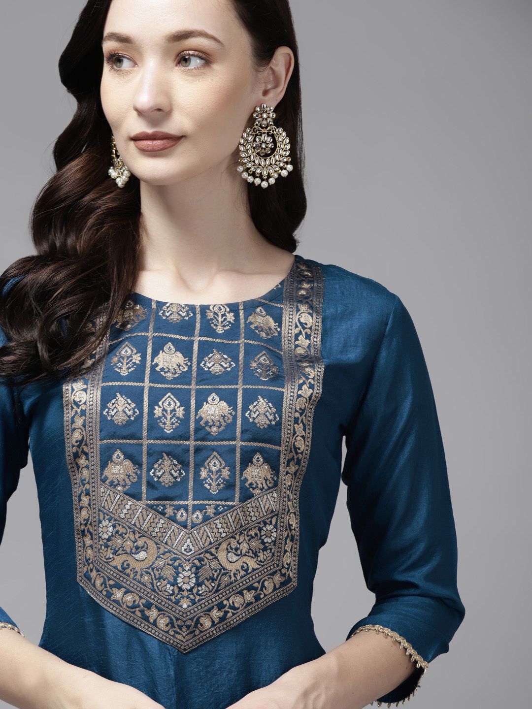 Indo Era Women Teal Blue & Golden Ethnic Motifs Yoke Design Kurta Price in India