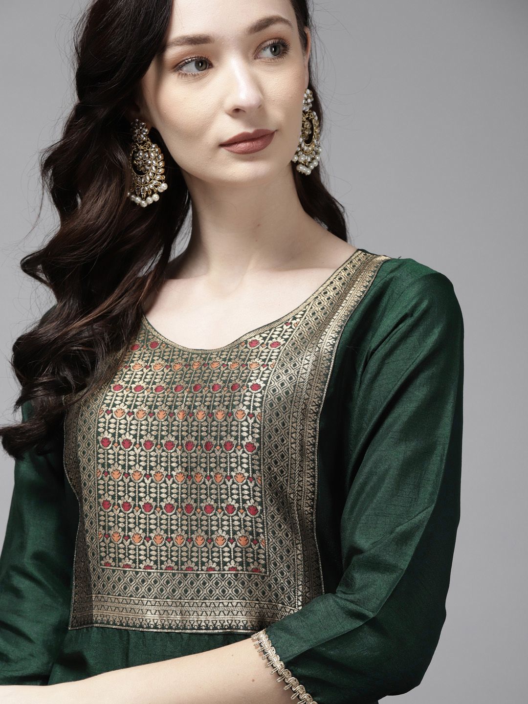 Indo Era Women Teal Green & Golden Ethnic Motifs Yoke Design Kurta