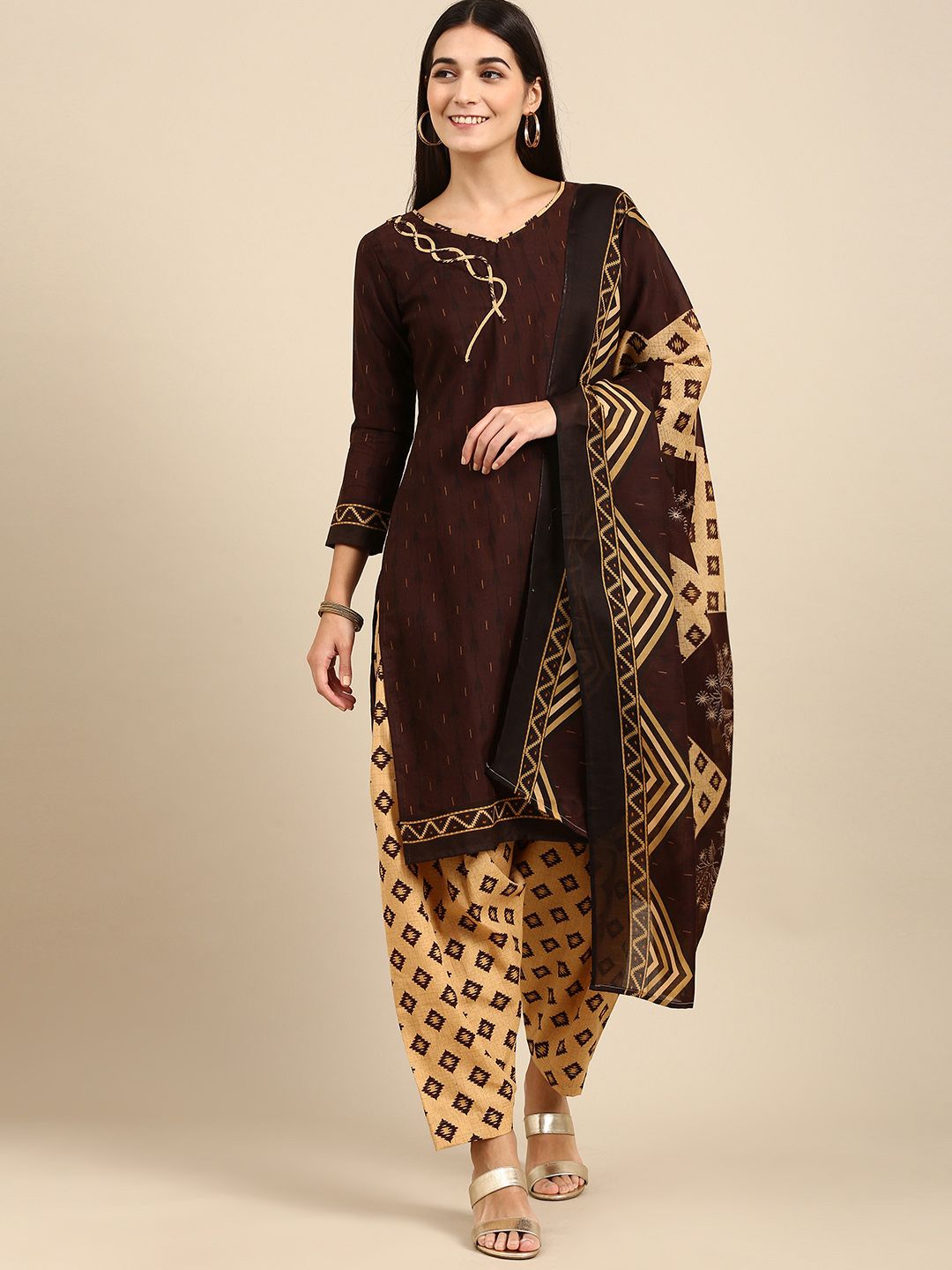Rajnandini Brown & Beige Printed Unstitched Dress Material Price in India