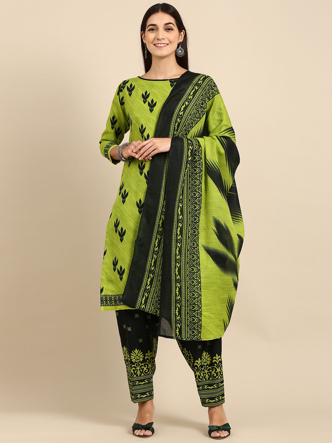 Rajnandini Green & Black Printed Unstitched Dress Material Price in India