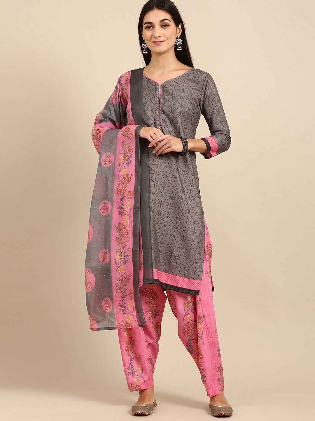 Rajnandini Grey & Pink Printed Unstitched Dress Material Price in India