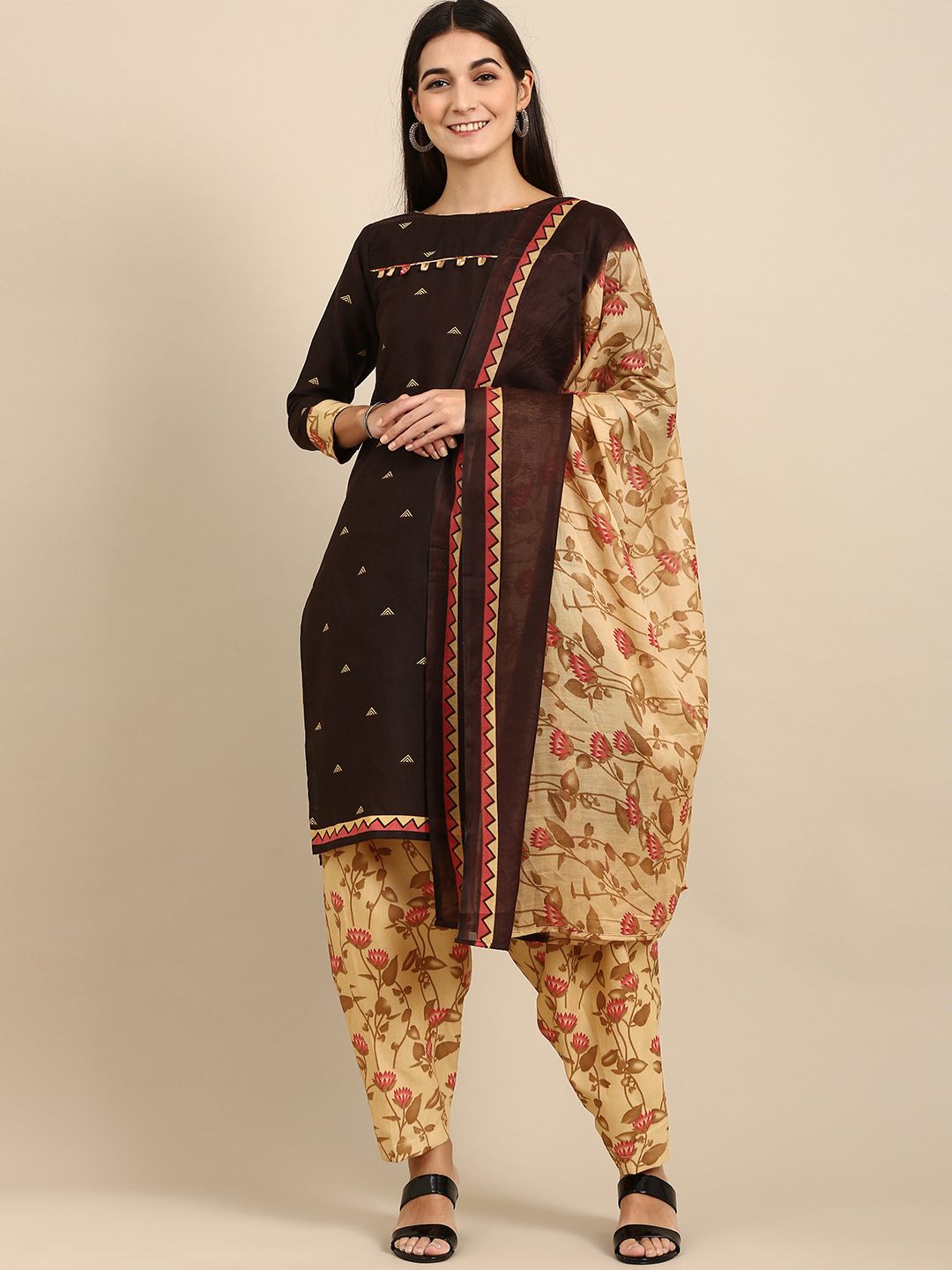 Rajnandini Brown & Tan Printed Unstitched Dress Material Price in India