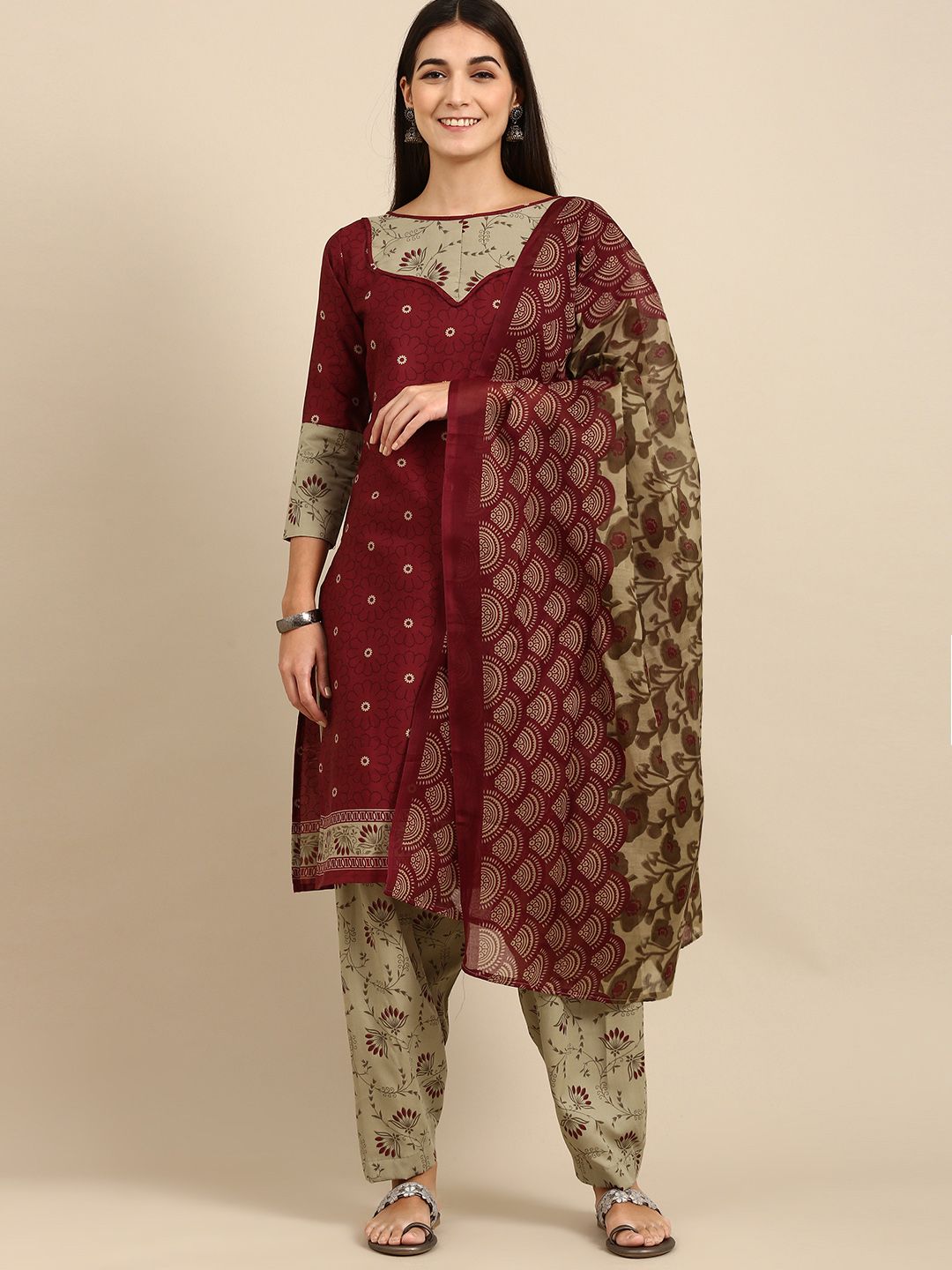 Rajnandini Red & Beige Printed Unstitched Dress Material Price in India