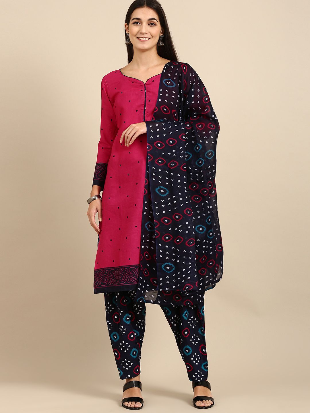 Rajnandini Magenta & Navy Blue Printed Unstitched Dress Material Price in India