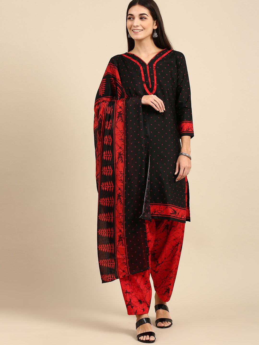 Rajnandini Black & Red Printed Unstitched Dress Material Price in India