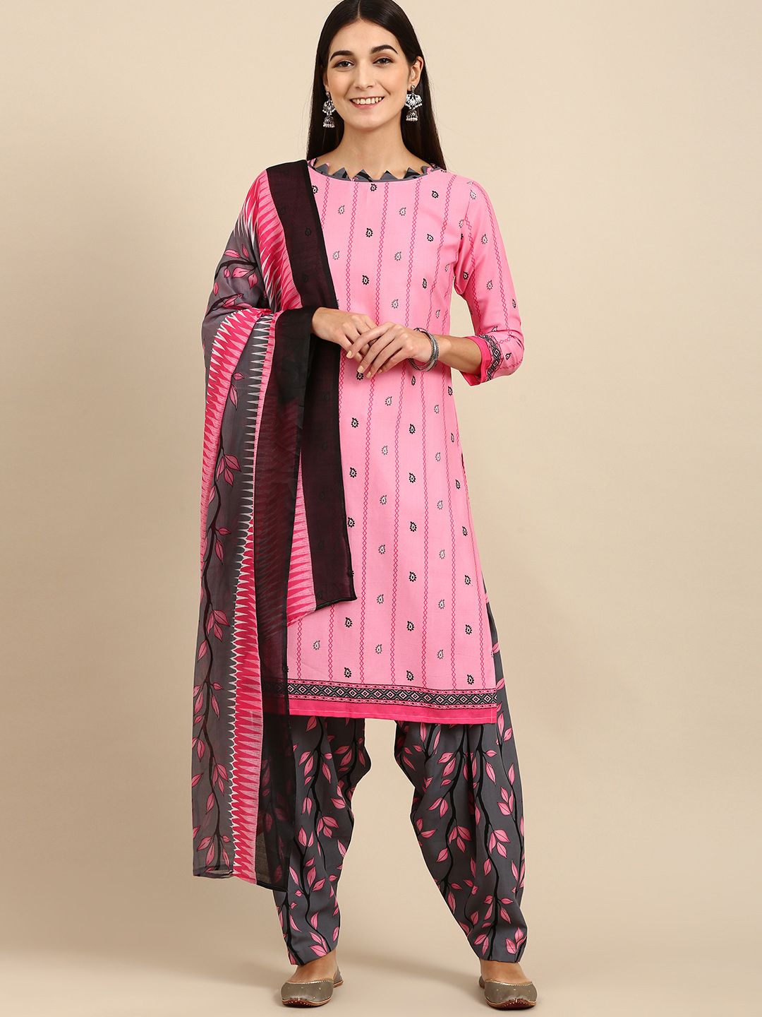 Rajnandini Pink & Grey Printed Unstitched Dress Material Price in India