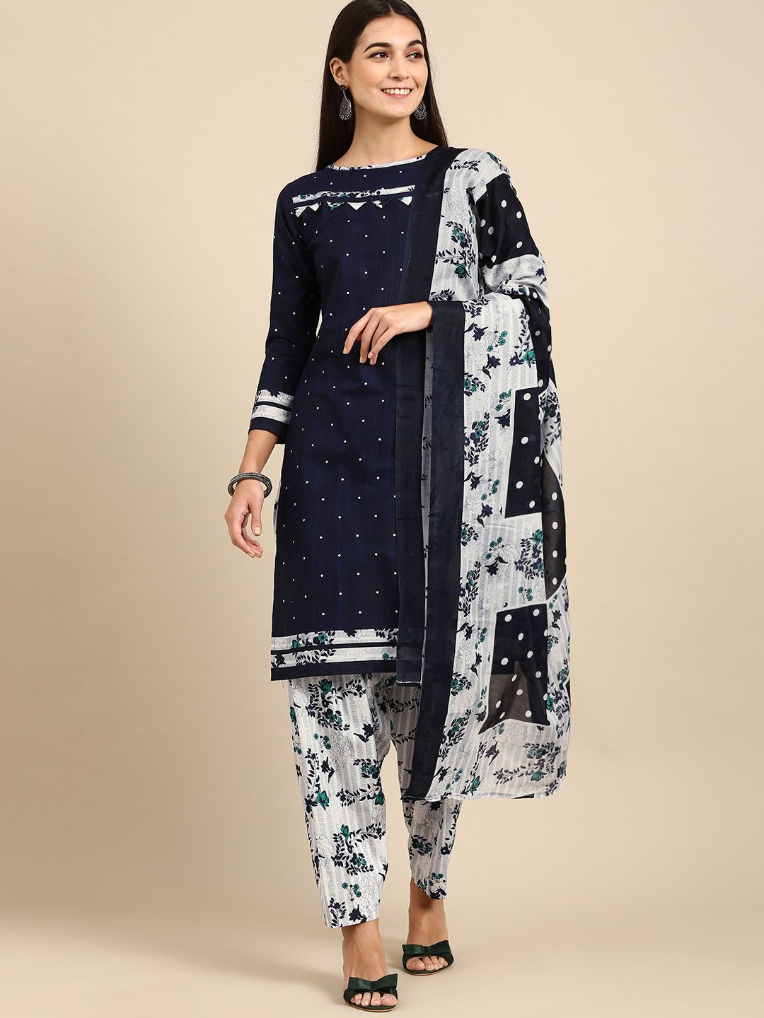 Rajnandini Navy Blue & White Printed Unstitched Dress Material Price in India