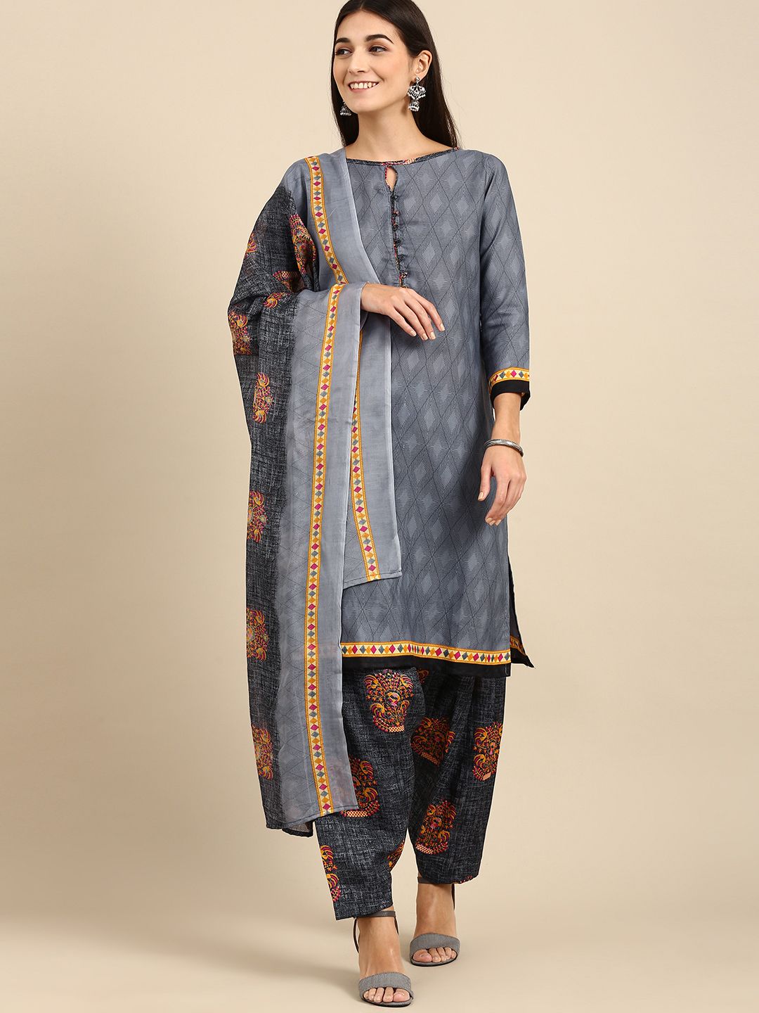 Rajnandini Grey & Yellow Printed Unstitched Dress Material Price in India