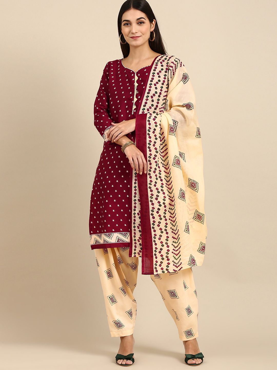 Rajnandini Maroon & Beige Printed Unstitched Dress Material Price in India