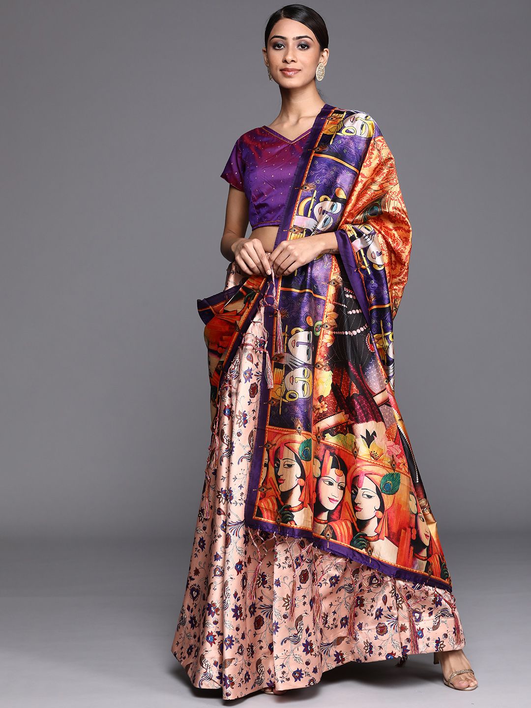 Mitera Peach-Coloured & Purple Block Print Semi-Stitched Lehenga & Unstitched Blouse With Dupatta Price in India