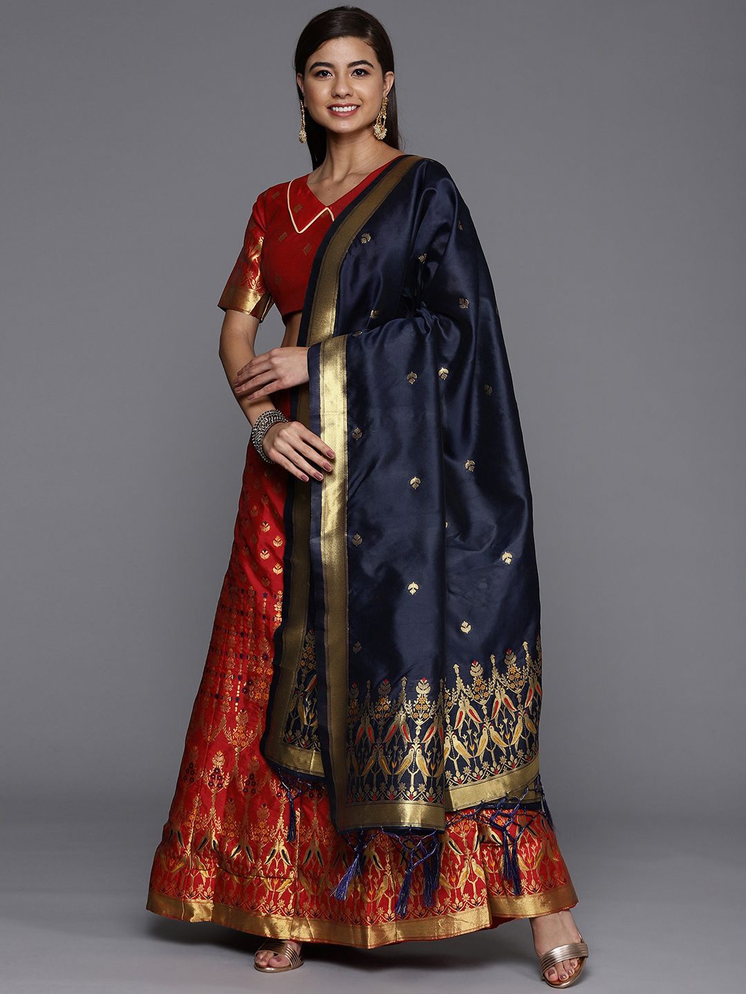 Mitera Red & Navy Blue Unstitched Lehenga & Blouse With Dupatta Price in India