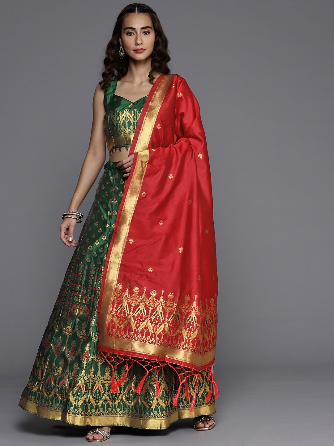 Mitera Green & Golden Semi-Stitched Lehenga & Unstitched Blouse With Dupatta Price in India