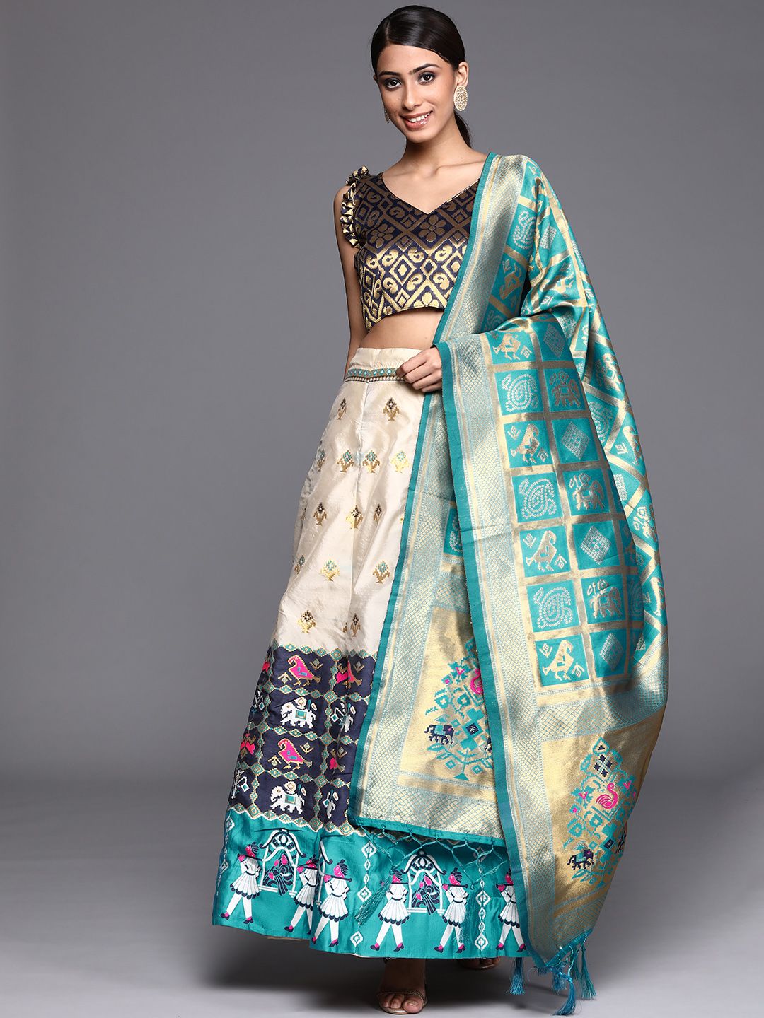 Mitera Off White & Navy Blue Semi-Stitched Lehenga & Unstitched Blouse With Dupatta Price in India