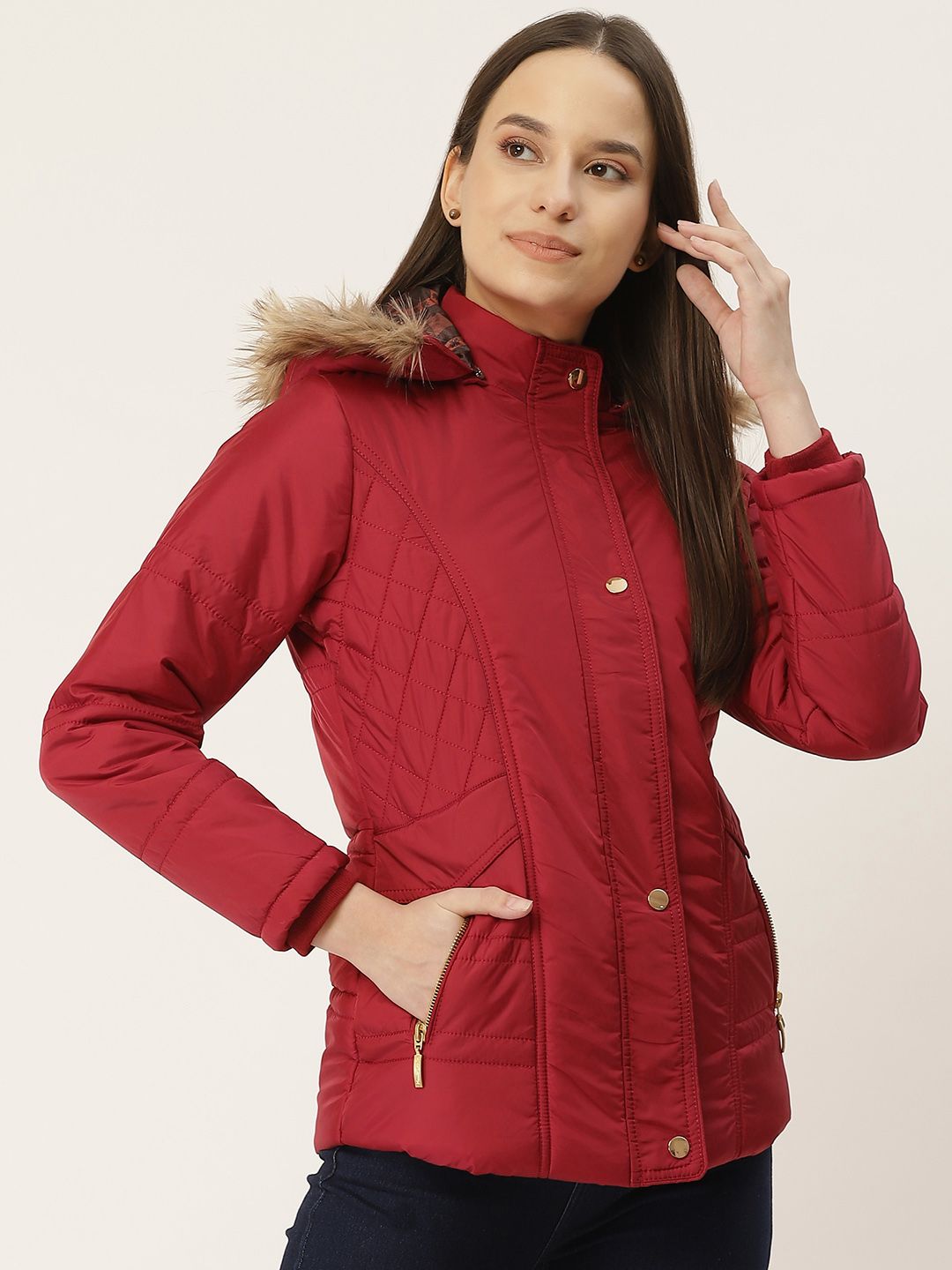 Monte Carlo Women Red Solid Parka Jacket with Faux Fur Trim Price in India