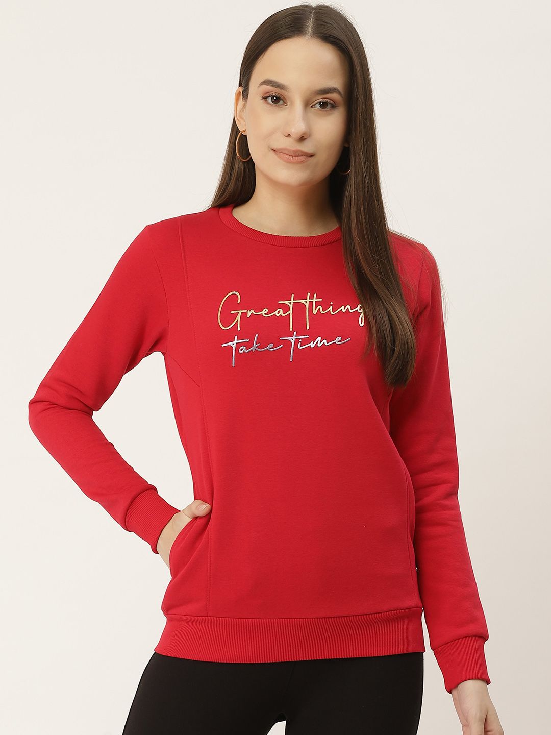 Monte Carlo Women Red & Golden Typographic Print Sweatshirt Price in India