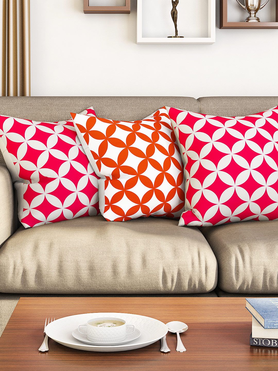 SEJ by Nisha Gupta Pink & White Set of 3 16'' x 16'' Square Cushion Covers Price in India