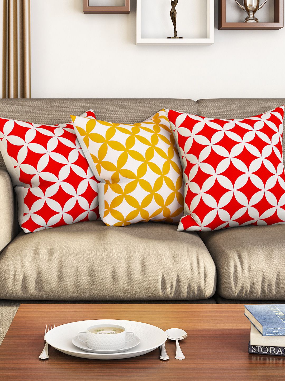 SEJ by Nisha Gupta Yellow & Red Set of 3 16" x 16" Square Cushion Covers Price in India
