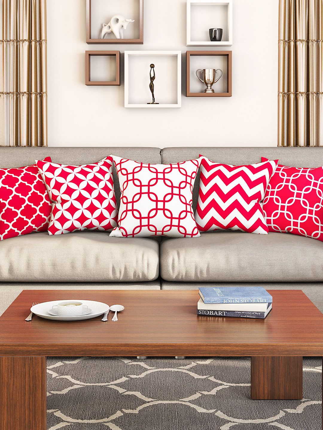 SEJ by Nisha Gupta Pink & White Set of 5 16'' x 16'' Square Cushion Covers Price in India