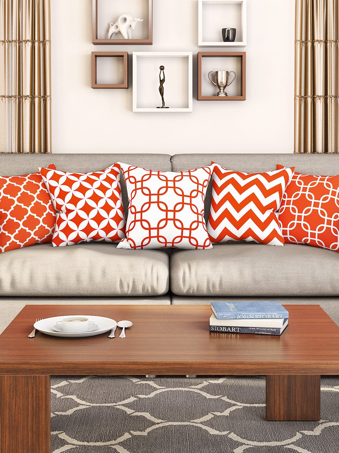 SEJ by Nisha Gupta Orange & White Set of 5 16'' x 16'' Square Cushion Covers Price in India