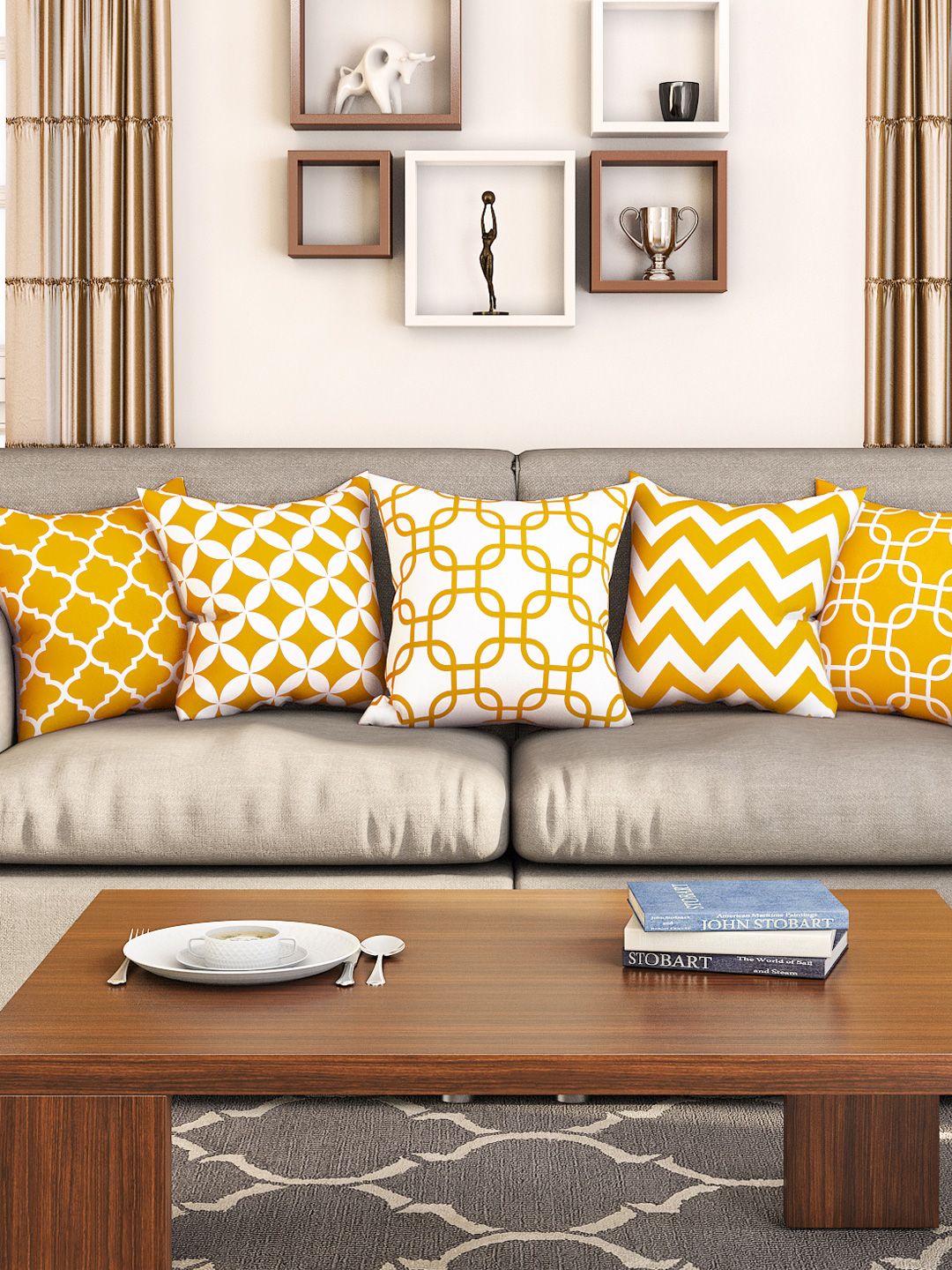 SEJ by Nisha Gupta White & Yellow Set of 5 16" x 16" Square Cushion Covers Price in India