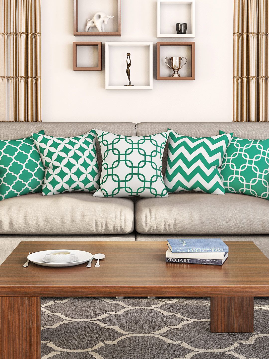 SEJ by Nisha Gupta Green & White Set of 5 Printed 16'' x 16'' Square Cushion Covers Price in India