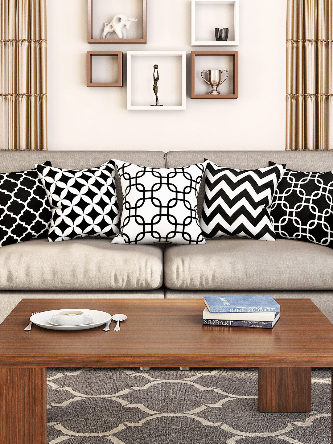 SEJ by Nisha Gupta Black & White Set of 5 Printed 16'' x 16'' Square Cushion Covers Price in India