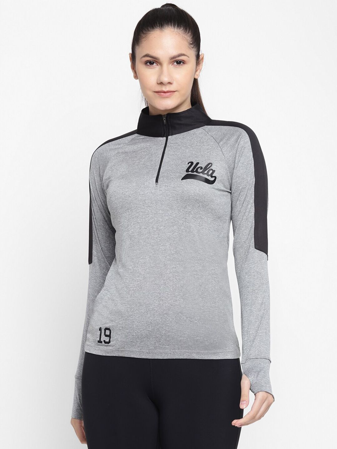 UCLA Women Grey and Black High Neck Sports T-shirt Price in India