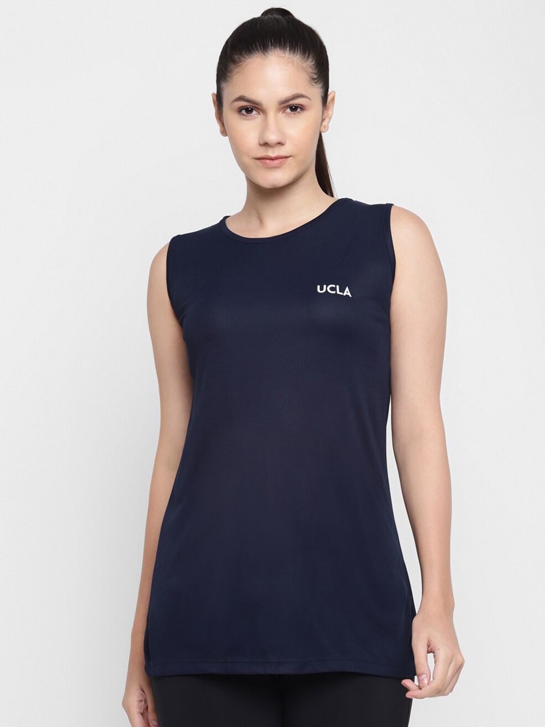 UCLA Women Navy Blue and Green Solid Sleeveless Sports T-shirt Price in India