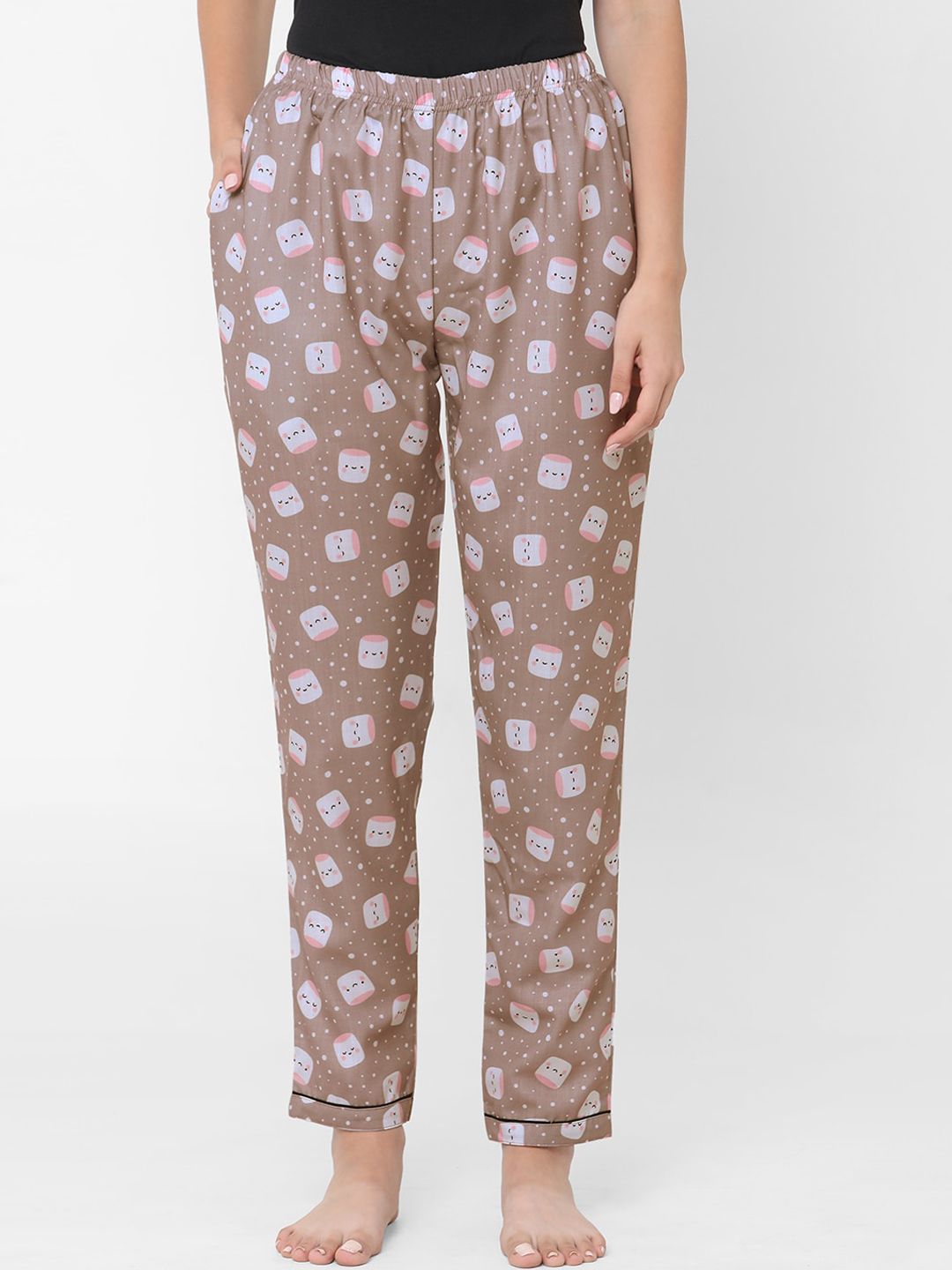 FashionRack Women Brown Marshmallow Printed Cotton Lounge Pants Price in India