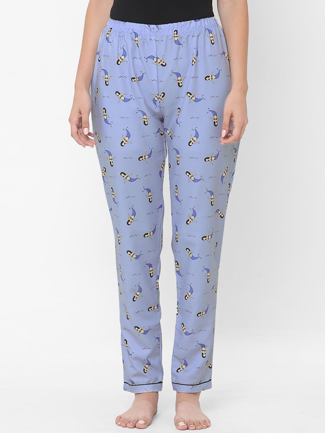 FashionRack Women Blue & Yellow Mermaid Printed Lounge Pants Price in India