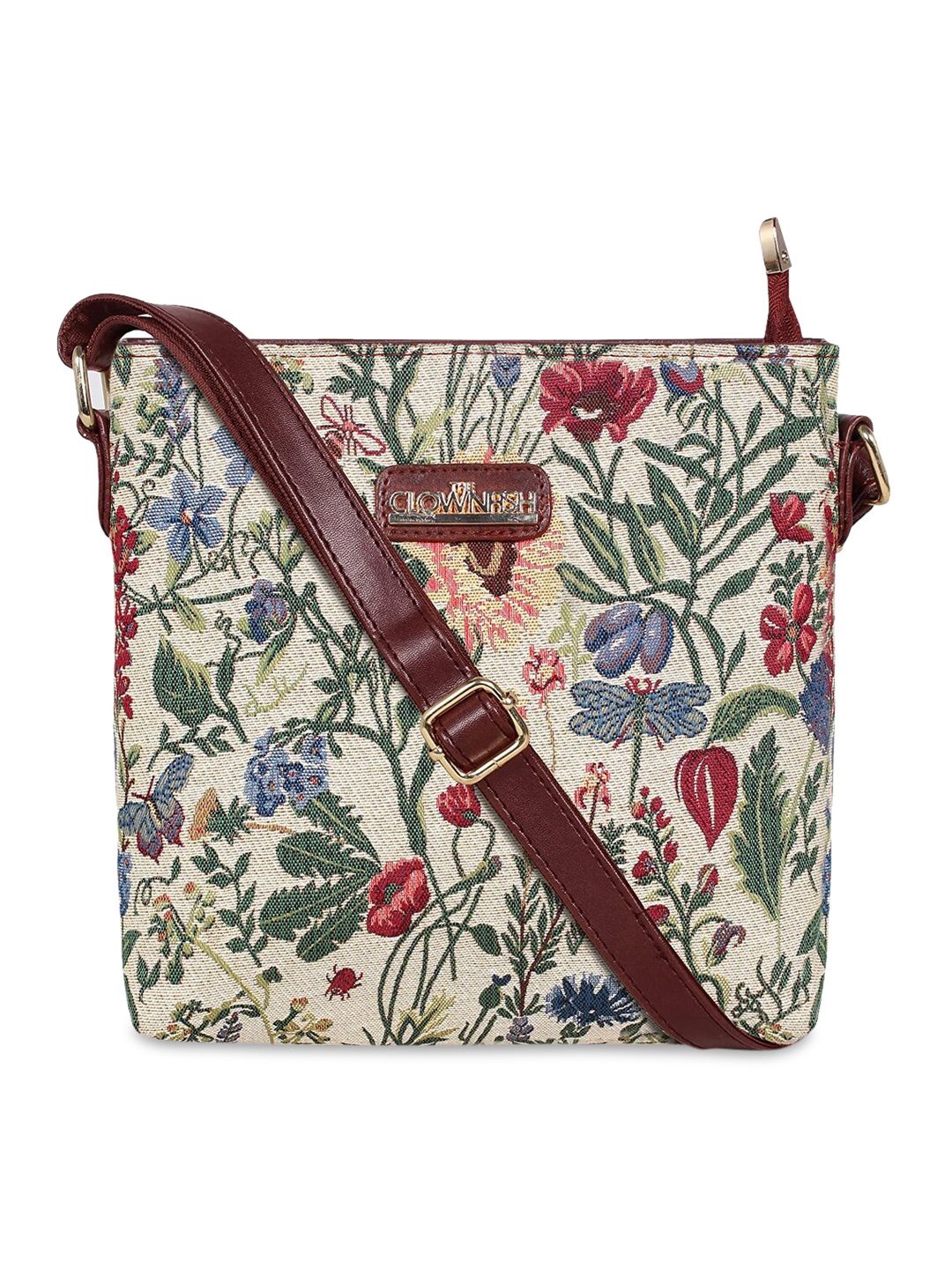 THE CLOWNFISH Brown Floral Printed Structured Sling Bag Price in India