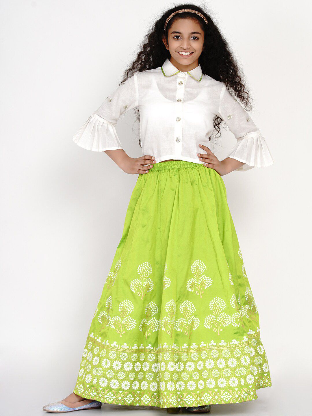 Bitiya by Bhama Girls White & Green Block Print Ready to Wear Lehenga & Blouse