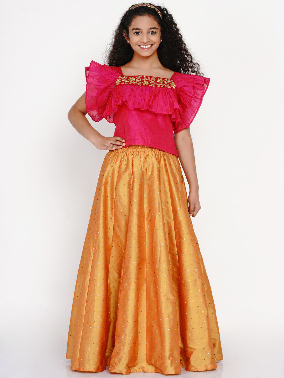 Bitiya by Bhama Girls Pink & Orange Thread Work Ready to Wear Lehenga & Blouse Price in India