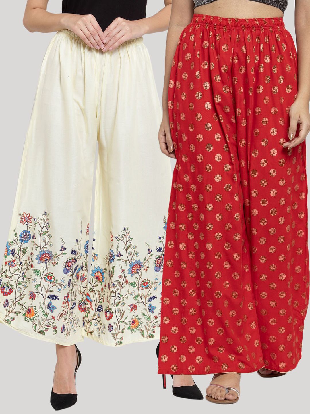Clora Creation Women Off White & Red Pack Of 2 Floral Printed Knitted Palazzos Price in India