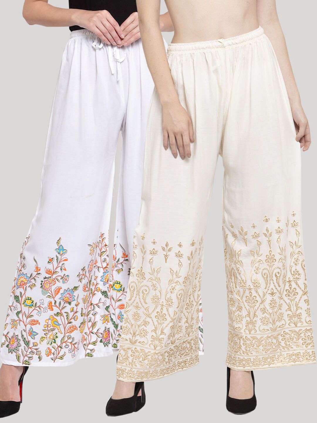 Clora Creation Women White & Gold-Toned Pack Of 2 Printed Flared Knitted Ethnic Palazzos Price in India