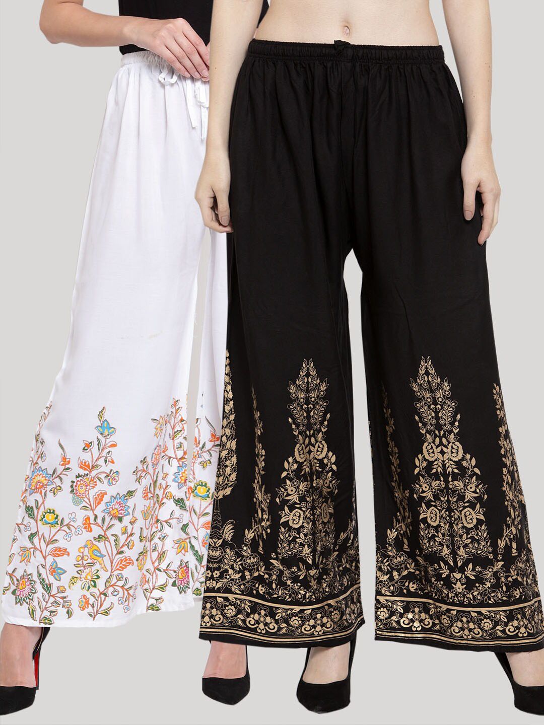 Clora Creation Women White & Black Pack of 2 Floral Printed Flared Knitted Ethnic Palazzos Price in India
