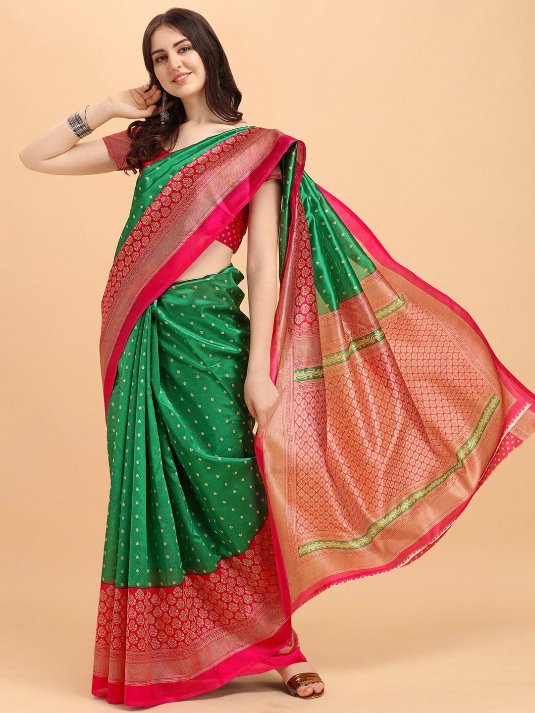 KALINI Green & Pink Ethnic Motifs Art Silk Saree