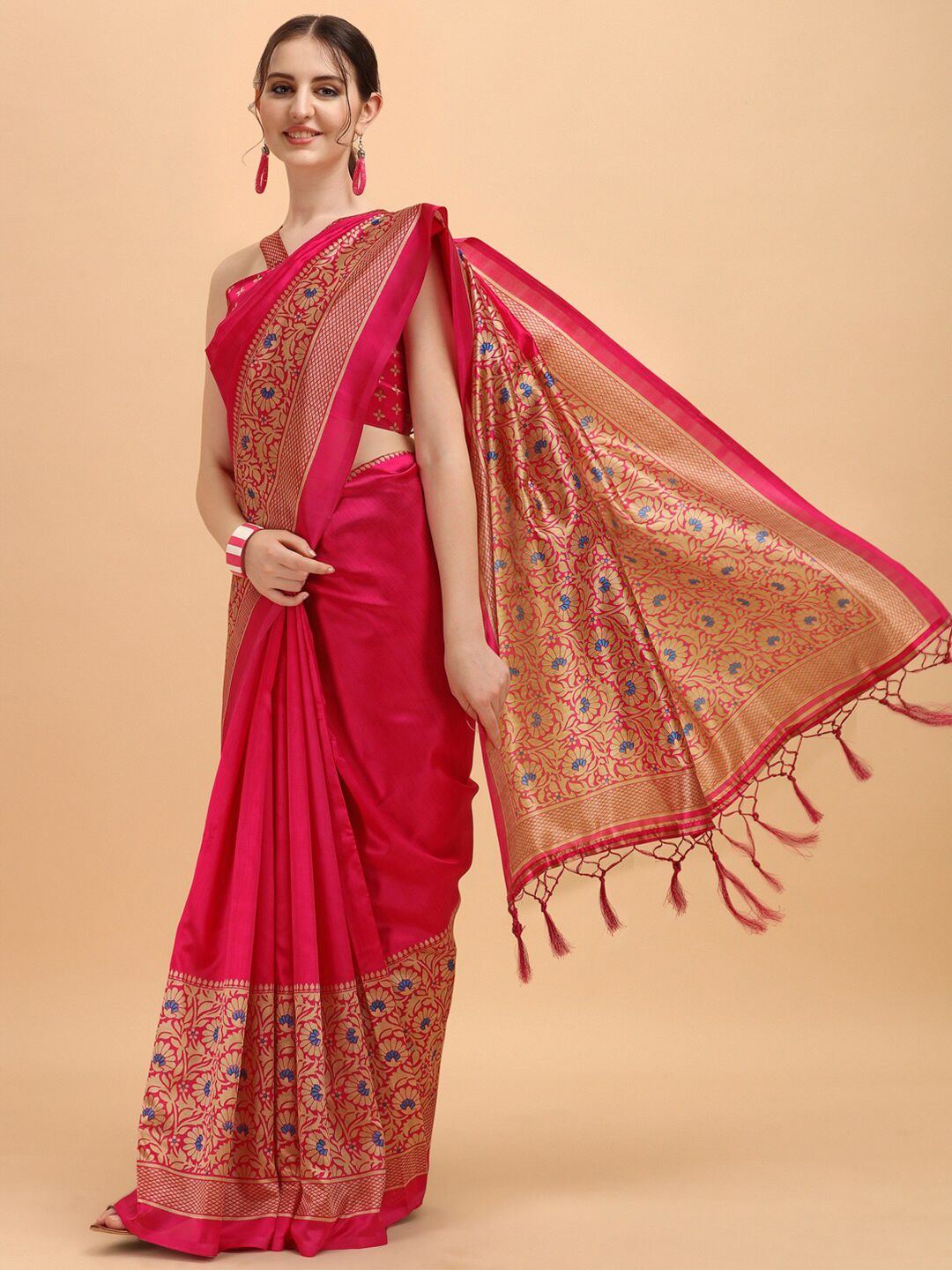 KALINI Pink & Gold-Toned Woven Design Zari Art Silk Saree